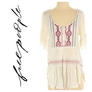 Free People Embroidered Boho Short Sleeve Top
